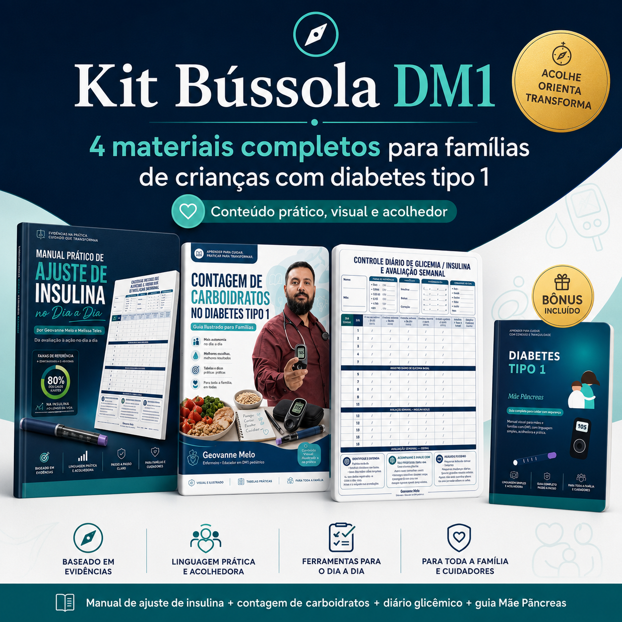 Kit Bússola DM1 — 4 materiais completos para famílias de crianças com diabetes tipo 1